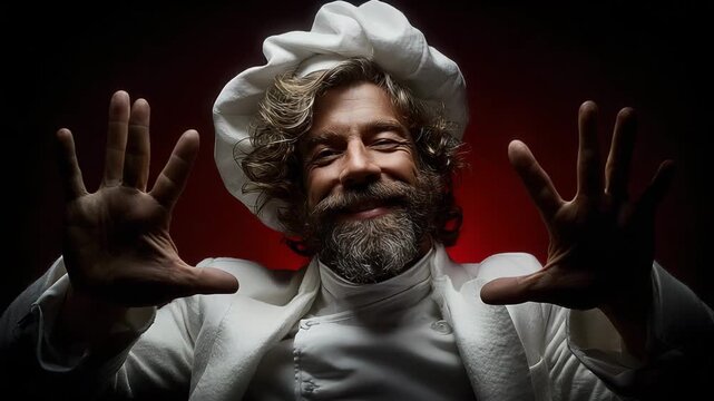 A portrait of a charismatic, bearded chef: he first holds his hands in front of him, then folds them in a gesture of complete enjoyment of the dish.