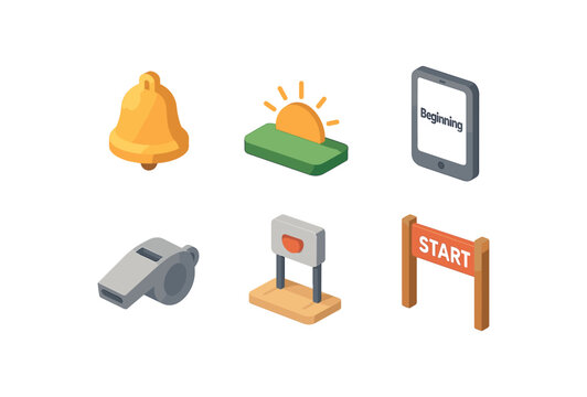 isometric icon items isolated on white background beginning commencement bell beginning crest horizon beginning tablet beginning kickoff whistle beginning threshold sensor beginning start