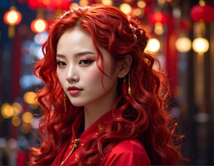 Fototapeta premium Portrait of a woman with red hair and traditional Asian clothing, posing in front of blurred lanterns