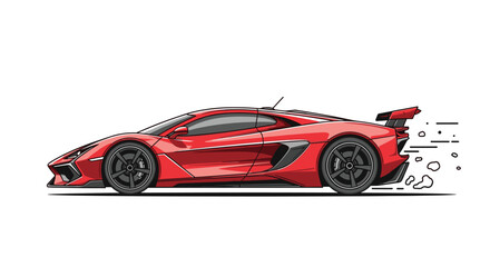 Dynamic red sports car speeding with motion blur and dust trails, capturing exhilaration and high performance adventure