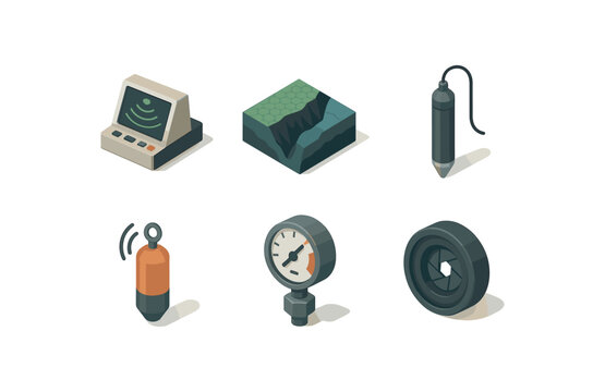 isometric icon items isolated on white background depth acoustic sonar depth ocean trench map depth borehole probe depth sonar pinger depth pressure sensor depth aperture lens