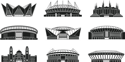 Stadium icon set, arena vector collection, architectural design, sports venue, concert hall, black silhouette, modern structure, graphic elements © Mim's World