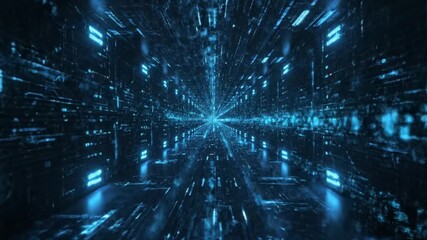 Dynamic blue digital data tunnel with glowing binary code and futuristic circuit board textures, representing fast information flow and advanced technology. - Powered by Adobe