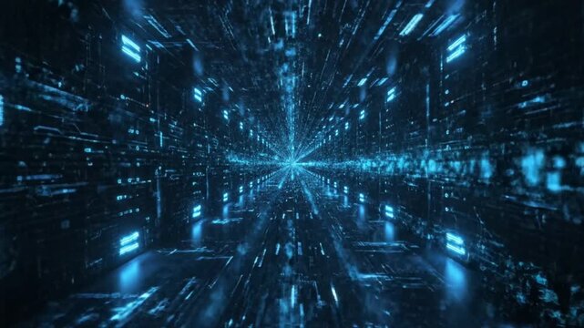 Dynamic blue digital data tunnel with glowing binary code and futuristic circuit board textures, representing fast information flow and advanced technology.