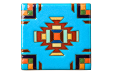 Colorful ceramic tile with geometric pattern isolated on transparent background