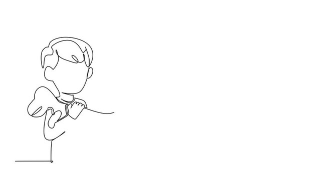 Self drawing animation of single continuous line drawing a boy hugs a t rex dinosaur doll and puts it on his chest. Plays with doll. Playing learning about animals. Dinosaur Day. Full length animated