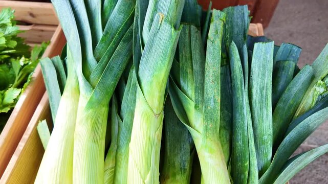 Close-up of fresh leeks in wooden crate at farmers market, organic vegetables and healthy eating