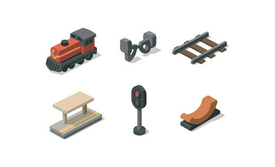 isometric icon items isolated on white background train locomotive engine train carriage coupling train track rail train station platform train signaling lamp train brake shoe