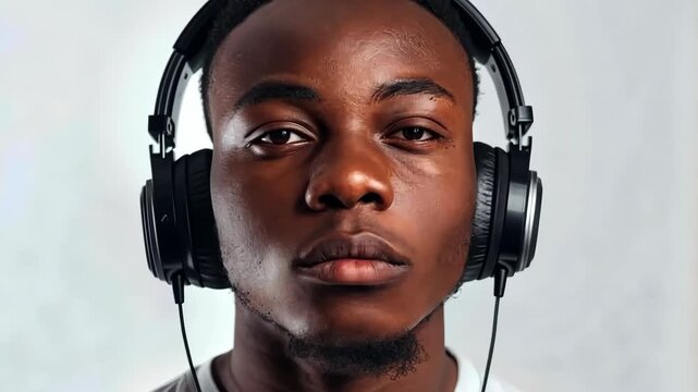 Man with large headphones listens intently, eyes closed, calm expression, soft light background, peaceful moment captured.