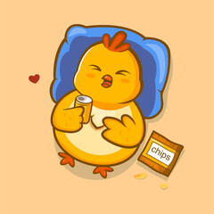 Cute yellow chick relaxing on a pillow while enjoying chips and a drink, perfect for lifestyle, relaxation, or cartoon illustration.