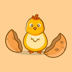 Cute little chick standing beside cracked eggshells, ideal for Easter, newborn, or farm-themed illustration.