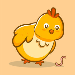 Curious yellow chick observing a worm on the ground, ideal for nature, education, or farm-themed illustration.