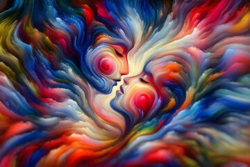 Abstract colorful faces of two lovers merging into one, symbolizing unity and emotional connection.