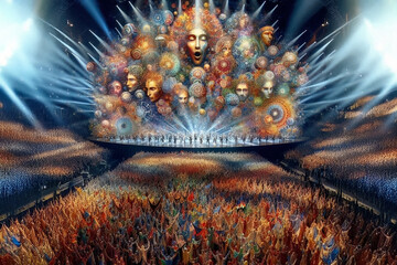 Abstract vision of human faces merging in cosmic explosion of light and energy, symbolizing unity.