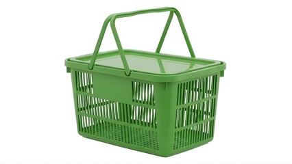 Fototapeta premium Green plastic shopping basket with handle for grocery store market retail storage and carrying items on transparent background