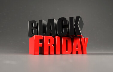 Bold text of the words &ldquo;Black Friday&rdquo; with contrasting black and red letters on a neutral background in 3D rendering