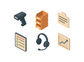 isometric icon items isolated on white background picker barcode gun picker storage bins picker index card picker assignment board picker voice headset picker performance chart