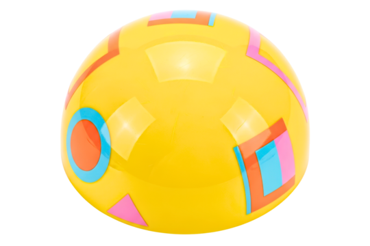 Yellow toy ball with colorful abstract geometric shapes on it isolated on transparent background
