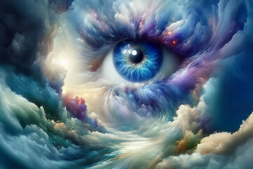 Abstract eye blending with clouds and light, symbolizing inner vision and awareness.