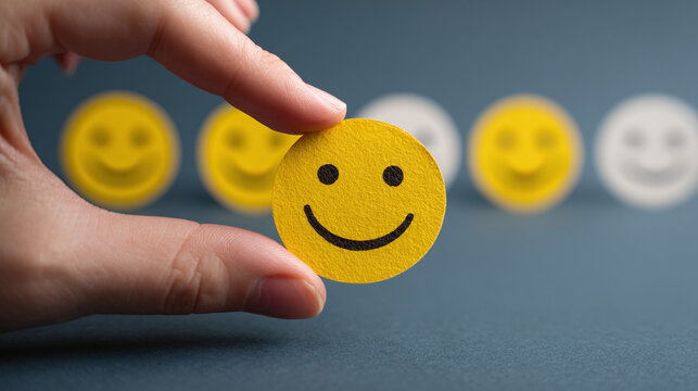 A hand holding a yellow smiley face symbol and more smiley faces background
