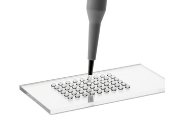 Laboratory pipette dispensing precise droplets onto a glass slide isolated on transparent background