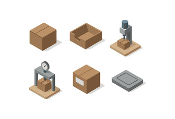 isometric icon items isolated on white background cardboard crease module cardboard slot punch cardboard gluing station cardboard load test rig cardboard label area cardboard embossing die