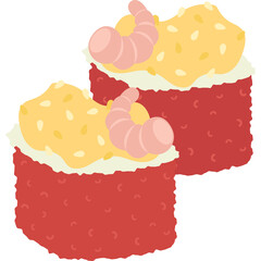 Two Cute Sushi Rolls With Pink Shrimp And Yellow Topping On A Transparent Background