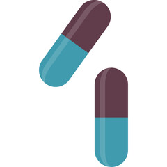 Two Cyan and Maroon Capsules on a White Background Representing Medicine or Supplements with a Clear Design