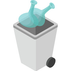 Two Cyan Glass Bottles Discarded in a White Wheeled Trash Bin With a Gray Lid and Black Wheel on a Transparent Background in an Isometric View