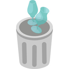 Two Cyan Colored Glassware Objects Placed Inside A Grey Trash Can With Vertical Stripes On A White Background