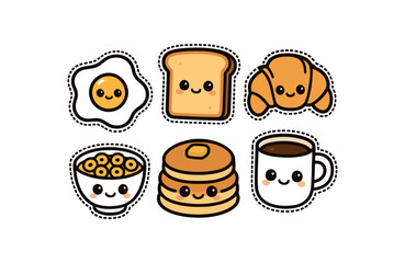 cute breakfast set with bold black outline and dotted border including fried egg toast croissant pancake cereal bowl and coffee cup simple details big round eyes minimal style isolated on