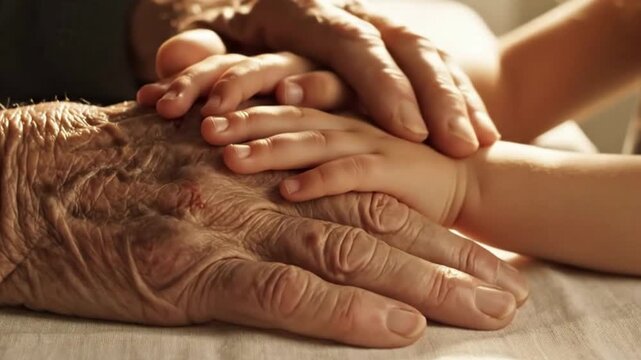 An aged hand, gently touched by a young hand, embodies care, love, legacy, and the passage of time, symbolizing connection, generational bond and family support