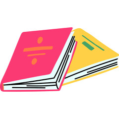 Two cartoonish open books one pink and one yellow display simple line art graphics on transparent background perfect for educational or creative themes