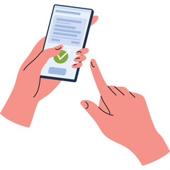 Two caucasian hands holding a smartphone displaying a green checkmark and text with one finger touching the screen on a transparent background