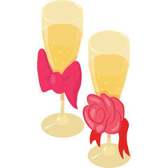 Two champagne glasses with yellow bubbly liquid adorned with pink bows and red roses on transparent background