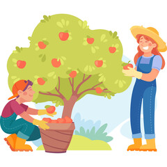 Two Cheerful Farmers Harvesting Ripe Red Apples From A Lush Green Tree On A Sunny Day