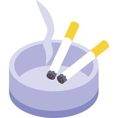 Two cigarettes burning in a light purple ashtray with smoke rising on a transparent background a close-up isometric view
