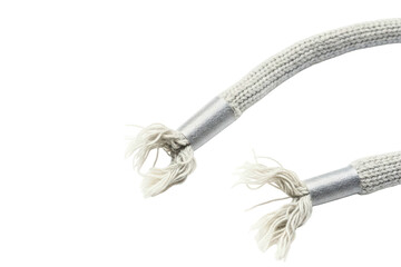 Close-up of a thick white rope frayed and broken in the middle isolated on transparent background