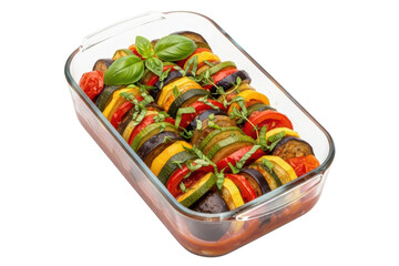 Vegetable ratatouille with fresh basil in a glass baking dish isolated on transparent background