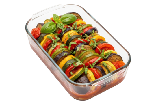 Vegetable ratatouille with fresh basil in a glass baking dish isolated on transparent background