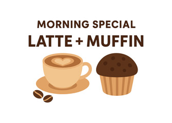 Flat vector banner design text MORNING SPECIAL LATTE + MUFFIN supporting icons of cup muffin and beans beige and chocolate palette isolated on white marketing approved bright palette with
