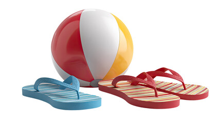 A vibrant, inflatable beach ball illustration with a red and white flag pattern with flip flop on a pure white background, a perfect summer toy icon design
