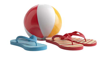 A vibrant, inflatable beach ball illustration with a red and white flag pattern with flip flop on a pure white background, a perfect summer toy icon design