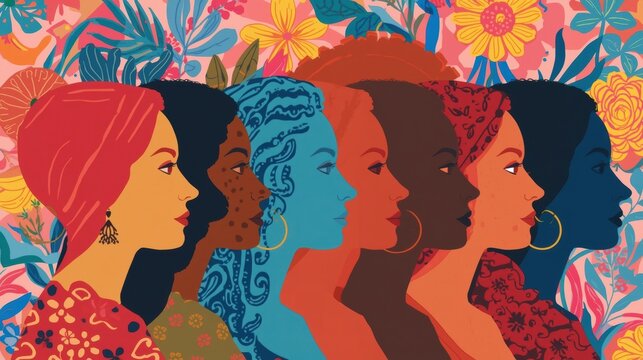 Diverse women celebrate sisterhood and beauty against a vibrant floral backdrop, symbolizing unity and strength