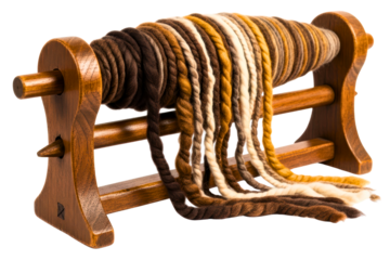 Skein of earth-toned wool yarn on a wooden yarn swift winder isolated on transparent background