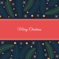 Christmas Banner with Pine Tree Branch Background and Red Ribbon