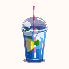 Blue iced lemon drink with mint leaves and ice cubes in a transparent cup perfect for summer, cafe, or refreshing beverage illustration.