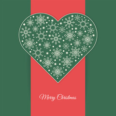 A heart shape made of white snowflakes on a red background. Decorative element for Christmas and New Year designs.