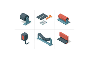 isometric icon items isolated on white background conveyor belt tensioner pulley conveyor belt splice kit conveyor belt impact roller conveyor belt photo eye sensor conveyor belt idler