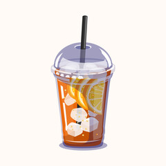 Iced lemon tea with ice cubes and black straw in a transparent cup perfect for cafe, beverage, or drink-themed illustration.